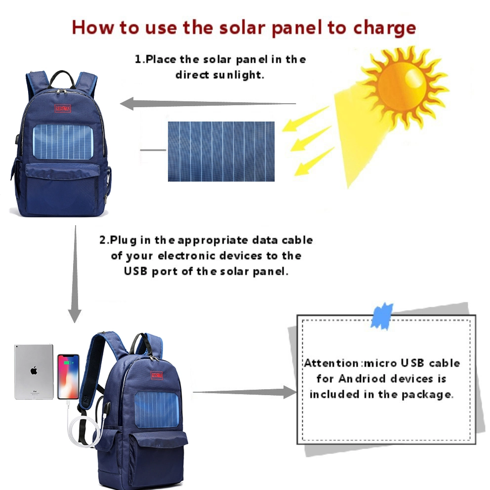 Waterproof Nylon Fabric LED Flash Light Backpack Solar Charger Sport Backpack with USB Cable (RS-190204-3)