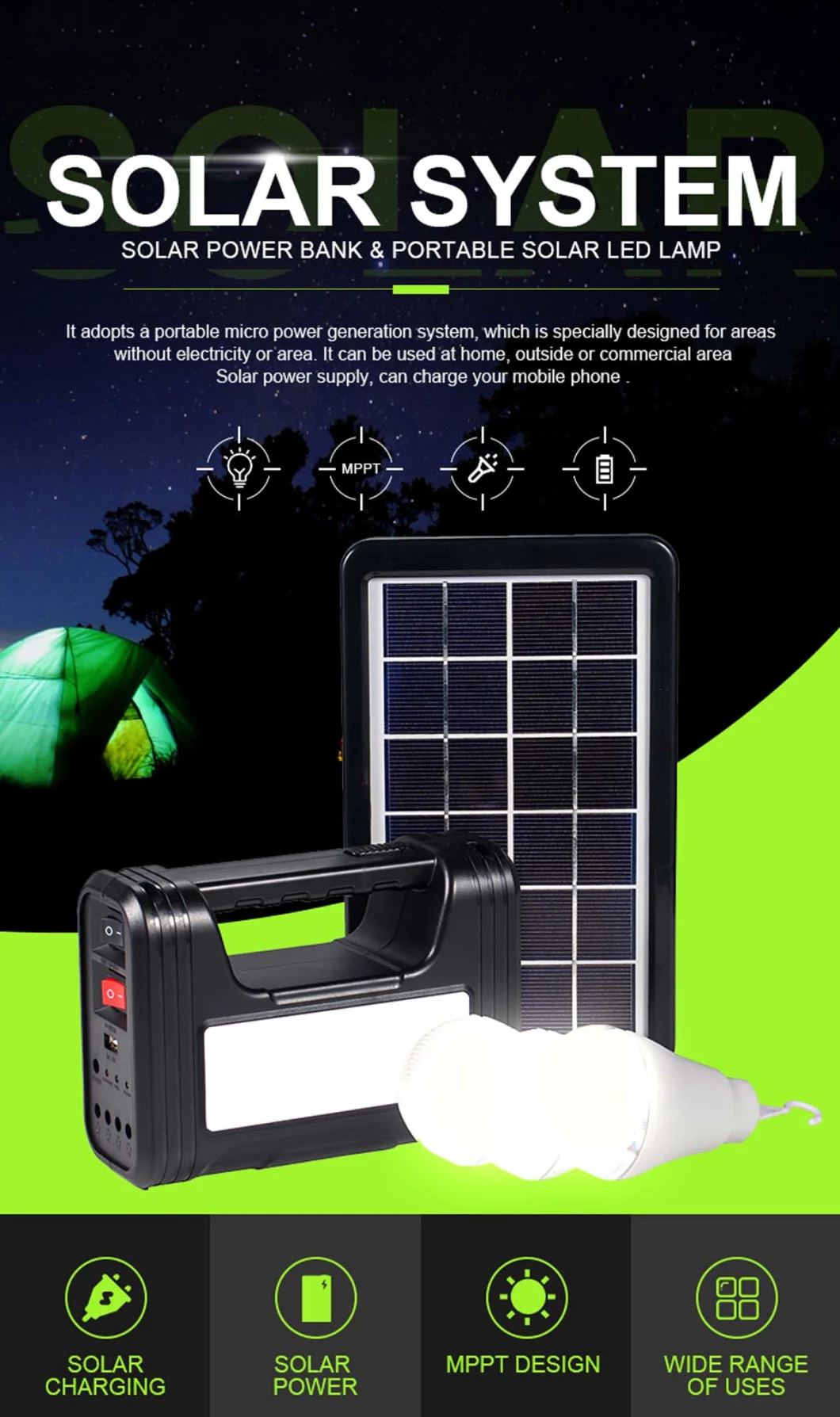 Solar LED Rechargeable Portable Emergency Camping Light for Outdoor Tent Lamp