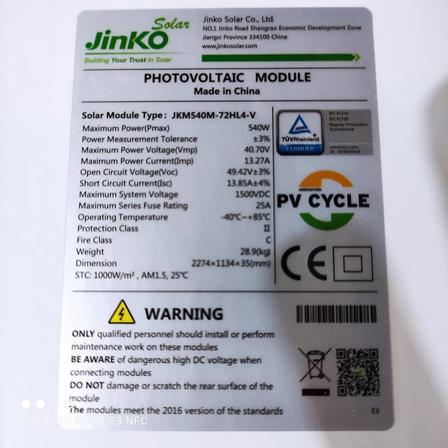 Solar Panels Certificate Jinko Single 550 Watt Solar Panel 540W 545W 555W Perc Mono BIPV Solar Panel